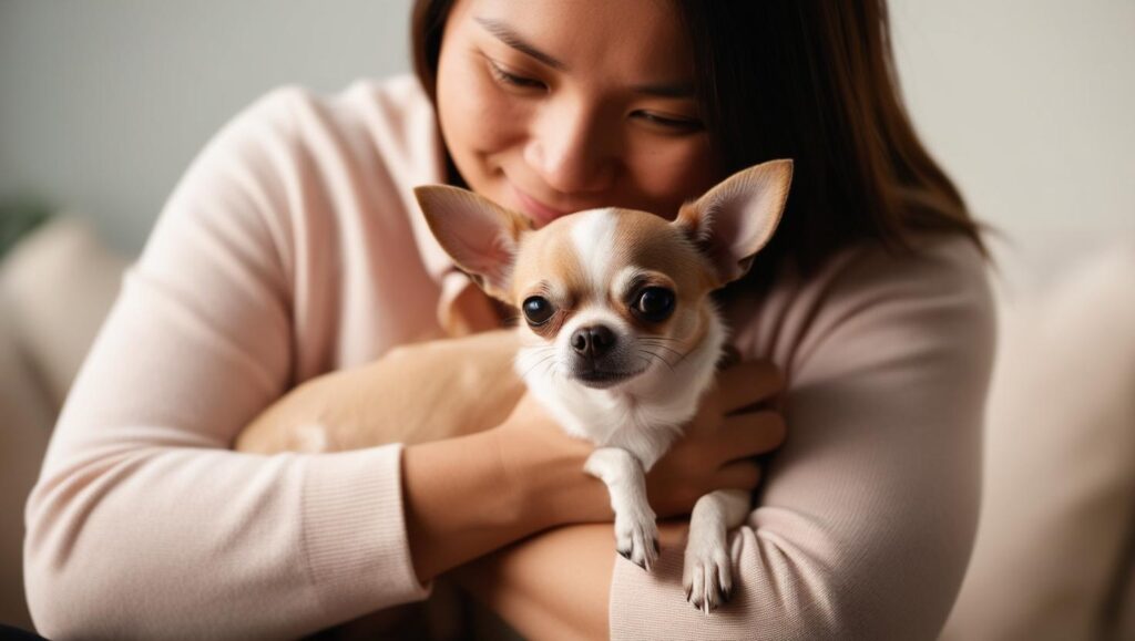 飼い主に抱かれる不安そうな犬